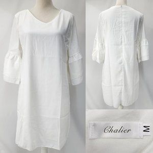 New Chalier Womens Medium White Ruffle Sleeve Shift Dress V-Neck Chiffon Poly